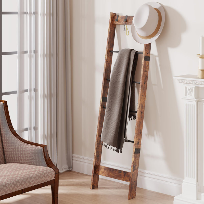 6 Tier Ladder Shelf With Removable Hooks, Brown