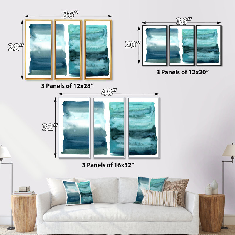 «Ocean Blue Aquatic Abstract Impression II», ensemble d'art mural moderne sur toile encadrée, H 32 po x l 48 po x P 1 po