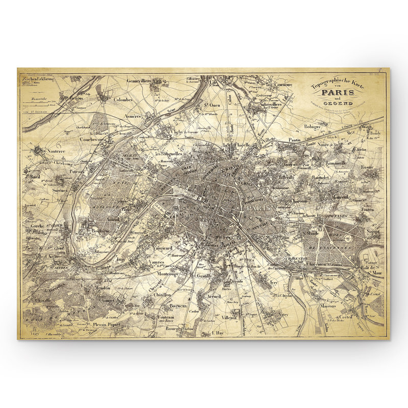 Carte antique de Paris, reproduction d'art graphique sur toile, H 30 po x l 40 po x P 1,5 po