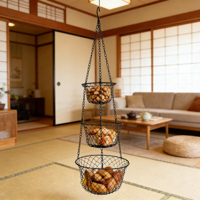 3-Tier Hanging Storage Basket Organizer - Handwoven Wire Fruit Vegetable Basket For Kitchen, Bathroom, Or Garden Decor