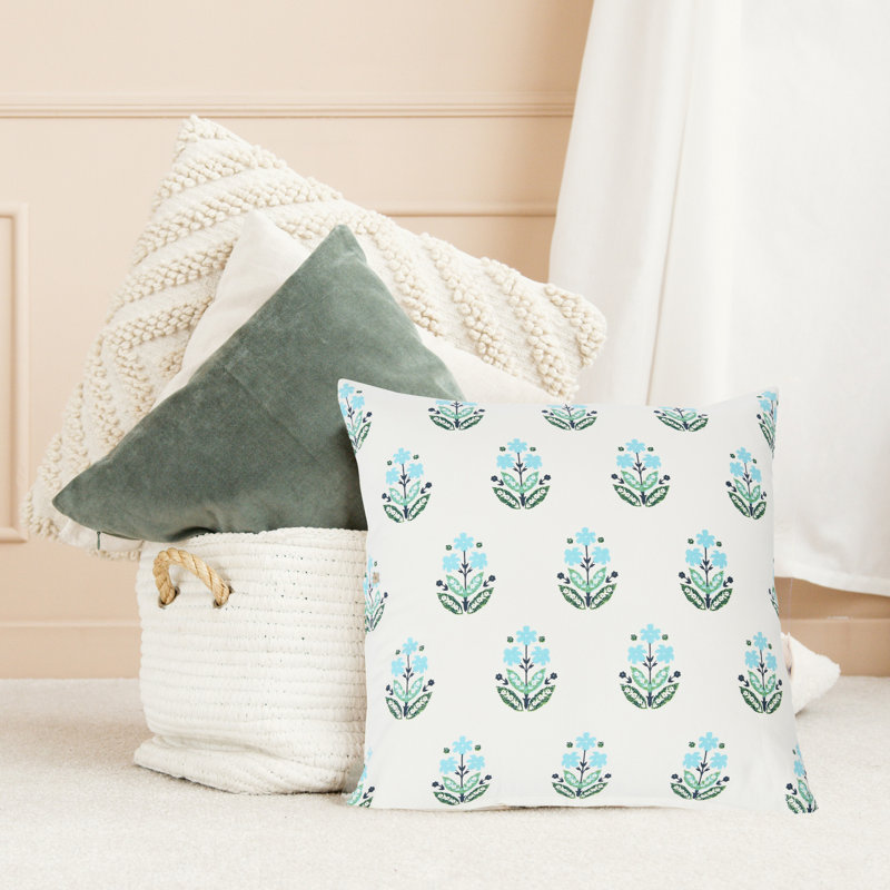 Eldana Floral Cotton Reversible Pillow Cover, Down Blend, Blue/Black/Beige