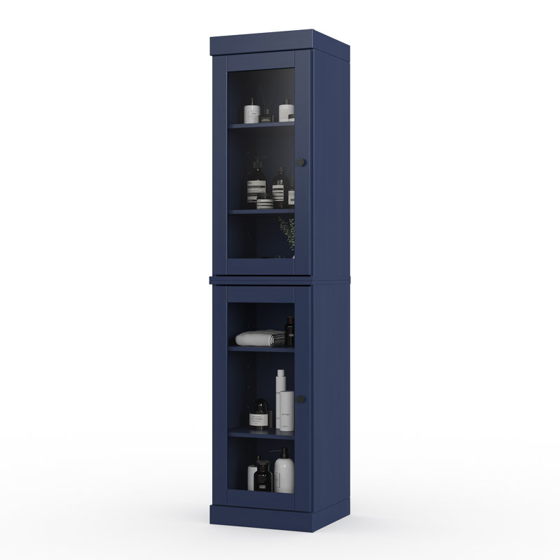 100% Solid Wood 16.5" Bathroom Cabinet with Clear Glass Doors and Adjustable Shelves, Navy