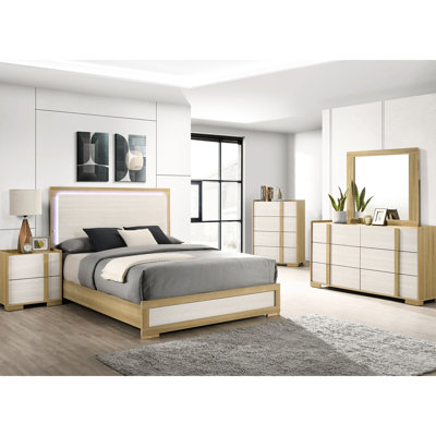 Lit très grand avec tête de lit Natural Natural, finition à 2 tons, éclairage tactile intégré, panneau de lit en bois avec tête de lit, style moderne, éclairage pour l'ambiance de la chambre à coucher