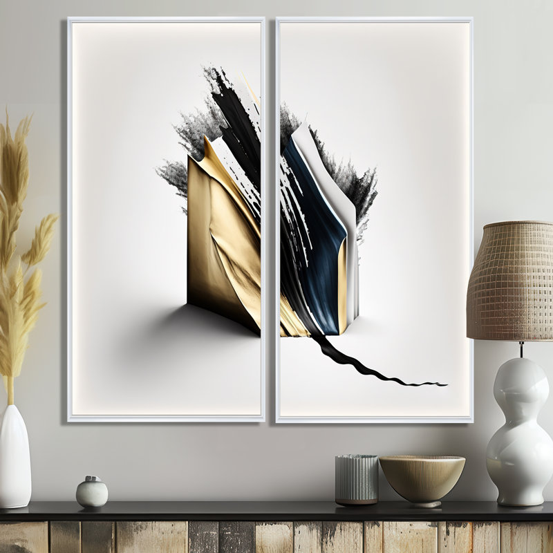 «Black and Gold Cubic Expression VI», art mural moderne 2 pièces, Impression encadrée flottante, 32" H x 32" W, White