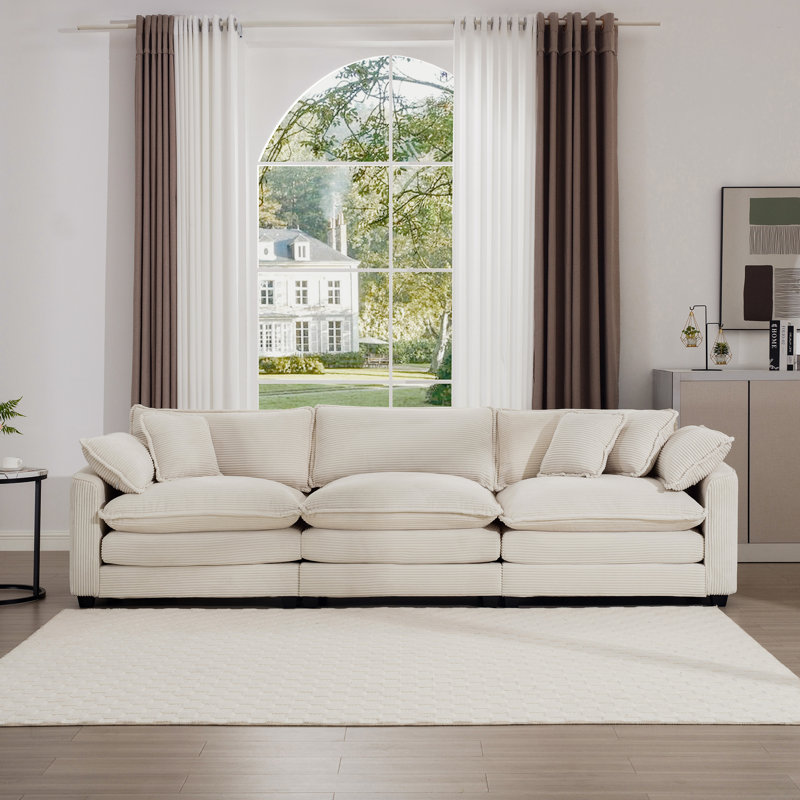 Canapé modulaire Mid-Century 3 places - Canapé en velours côtelé avec coussins, Beige