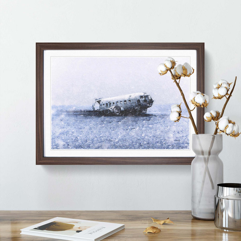 The Solheimasandur Plane Wreck in Iceland - Picture Frame Painting Print, 27cm H x 36cm W x 2cm D, Walnut Framed