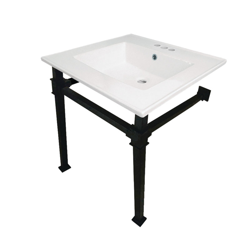 Kingston Brass Monarch 25-Inch Ceramic Console Sink with Stainless Steel Legs (4-Inch, 3-Hole), White/Matte Black