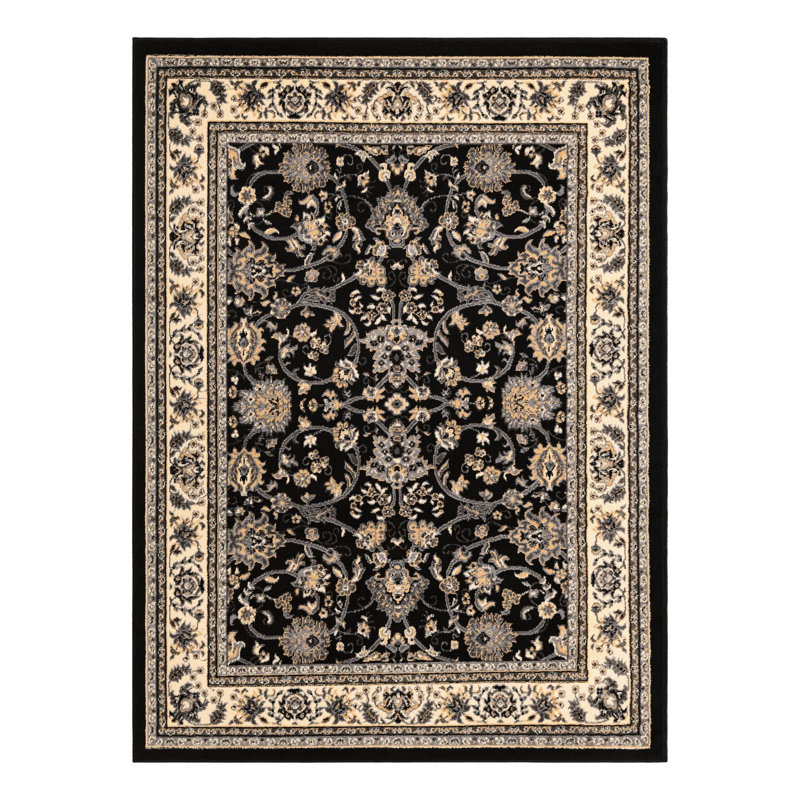 Tapis noir à motif floral Hanan, Black, Rectangle 5 pi 3 po x 7 pi 1 po
