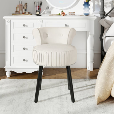Fauteuil de coiffeuse en velours avec dossier bas capitonné et pieds en bois massif pour chambre blanc
