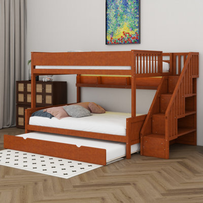 Lit double superposé au-dessus de grand lit double avec lit gigogne et escalier, lit superposé en bois massif avec tablettes de rangement, escalier et lumières DEL pour le dortoir de la chambre à coucher