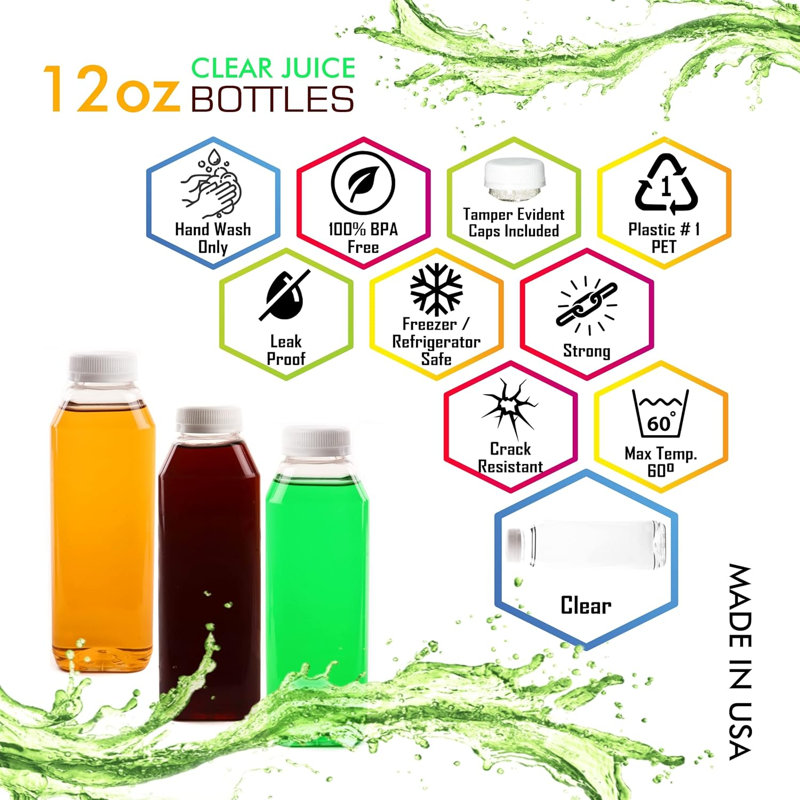 Bouteilles à jus en plastique transparent 12 oz avec bouchons - pour jus, lait, smoothies, pique-nique et préparation de repas Ecoqualité (10)