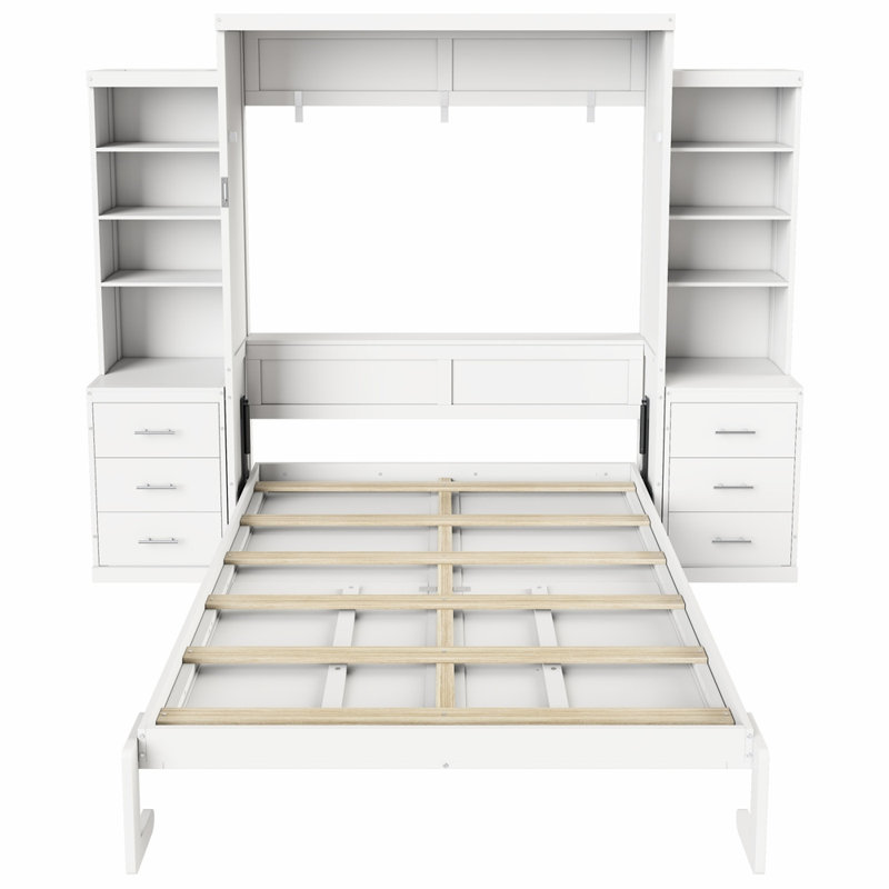 Lit escamotable avec tablettes de rangement et tiroirs Murphy, Double, Blanc