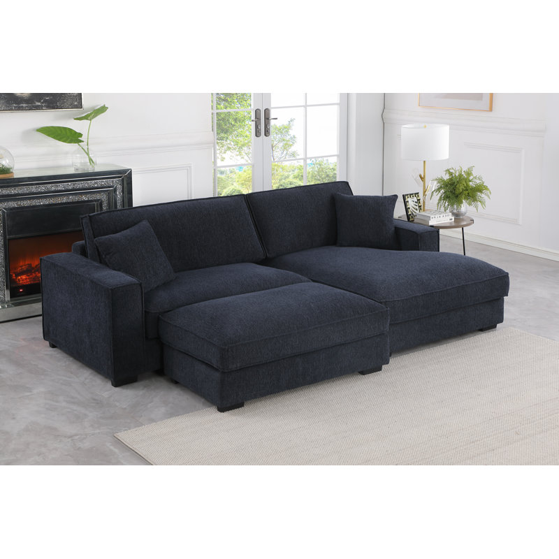 102" Upholstered Deep Seat Chaise Sofa With Ottoman, Right Hand Facing, Dark Blue Polyester Blend