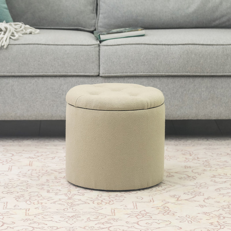 Round Tuffed Upholstered Storage Ottoman, Beige Linen