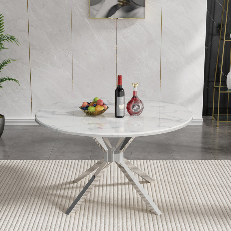 45" White Printed Marble Dining Table, Luxurious Round Dining Table with Printed Marble Tabletop and Stainless Steel Pedestal, Modern Round Dining Room Table for Kicthen