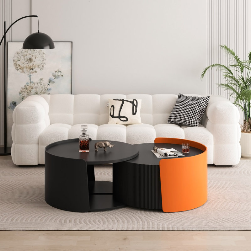 Nesting Coffee Table, Round Nesting Tables And End Tables For Small Space, Modern Side Tables With Extendable Sliding Tabletop For Living Room, Office, No Need Assembly