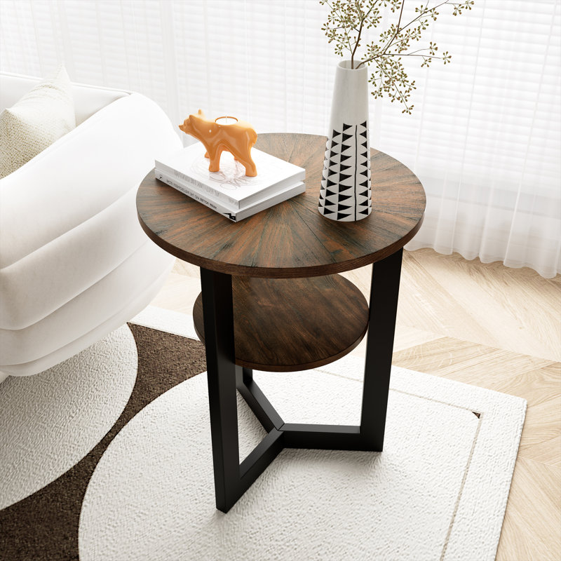 Table de bout ronde en bois avec tablette de rangement, table d'appoint industrielle moderne avec structure en métal Wexford, petite table d'appoint pour salon, chambre à coucher et petits espaces, brun rétro