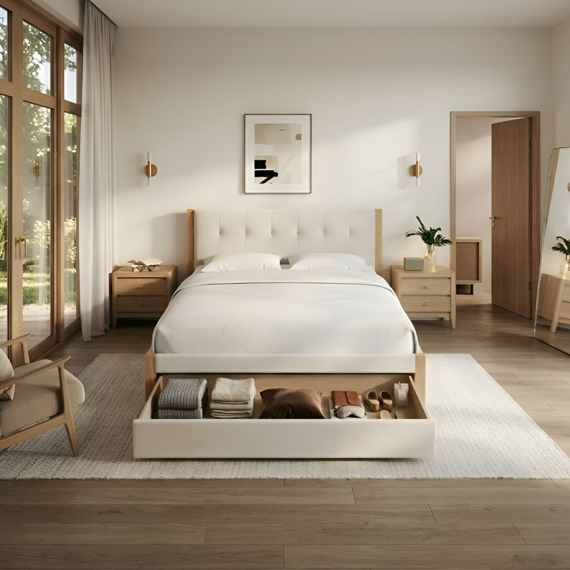  Grand lit plateforme en bois massif avec tiroirs de rangement Lunara Vault Upholstery