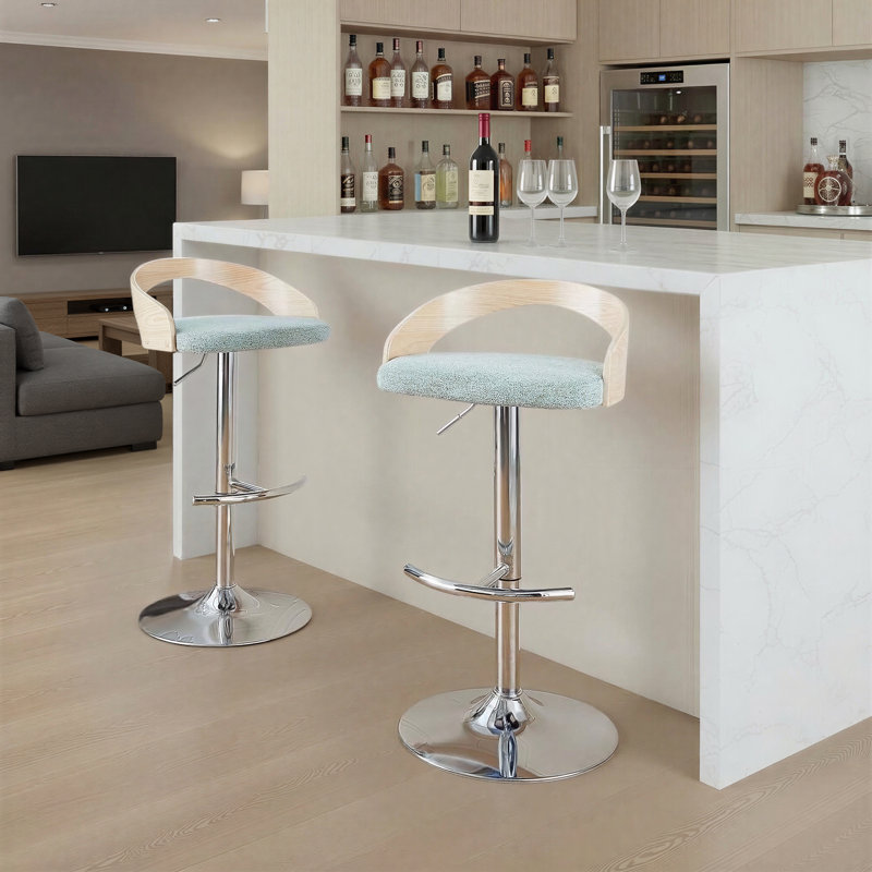 Laurenzio Adjustable Bar Stool with Rounded T Footrest, Chrome, Light Green Fabric/Natural Wood
