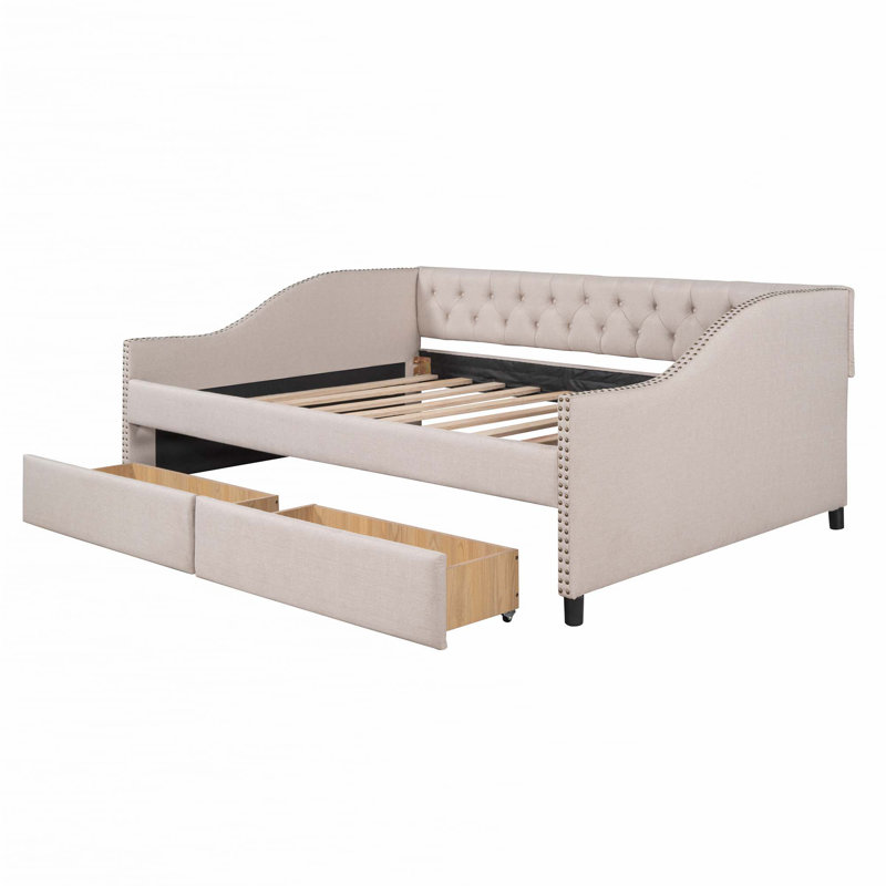 Lit de jour rembourré avec deux tiroirs, support en lattes de bois, Beige