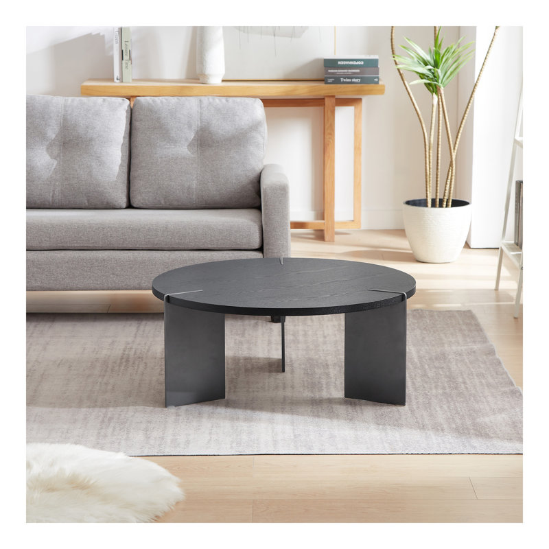 Table basse ronde en bois de chêne noir et pieds en métal noir, Noir