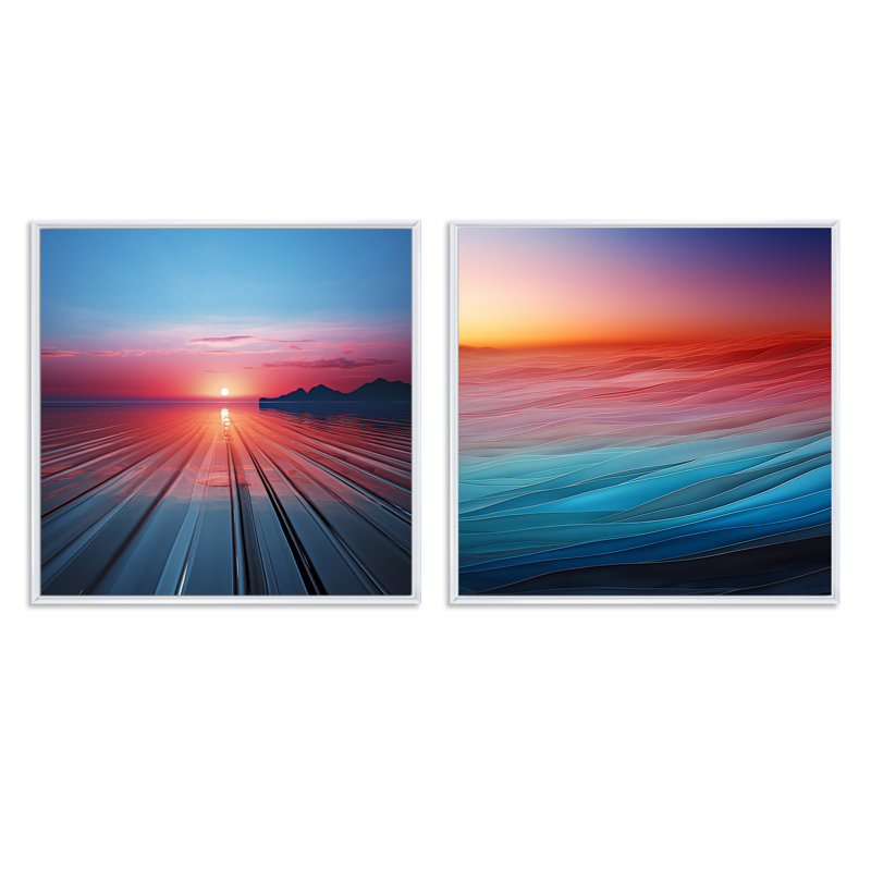 Sunset Beach Horizon Hue - ensemble de 2 collages nautiques et carrés de plage, Toile tendue, H 16 po x l 33 po