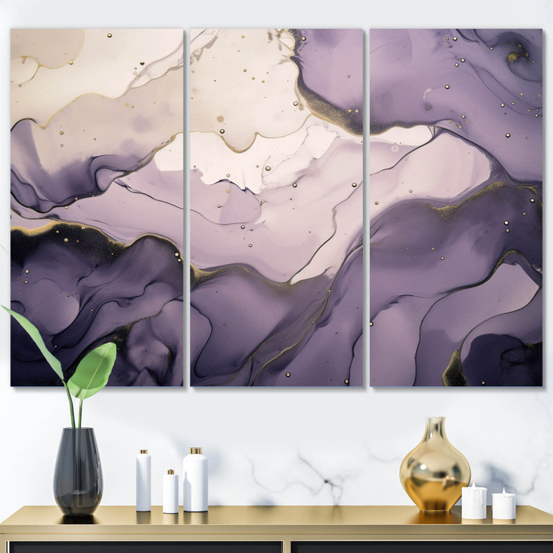 Mauve et gris, nuages d'encre marbrés - impression sur toile tendue 3 pièces, H 28 po x l 36 po x P 1 po