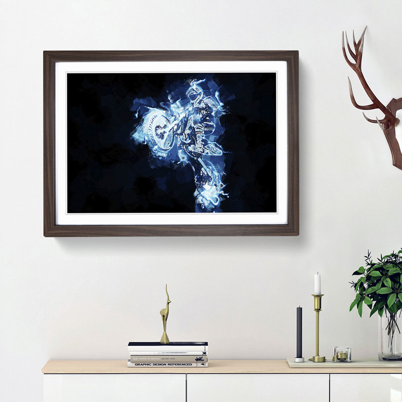 Blue Neon Motocross in Abstract - Picture Frame Painting Print, Walnut Framed, 48cm H x 65cm W x 2cm D