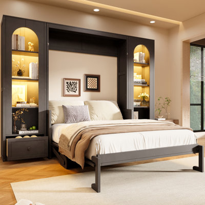 Queen Murphy Bed with LED, Side Cabinets, Drawers & Shelf – Space-Saving Platform Bed, Gray