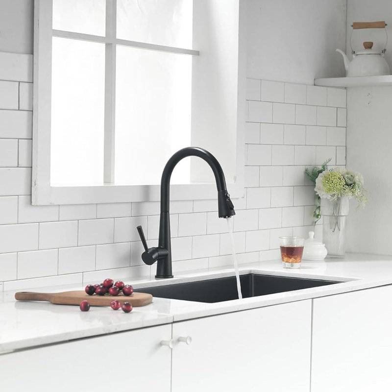 Robinet de cuisine à une poignée et douchette rétractable à 3 fonctions, Noir mat