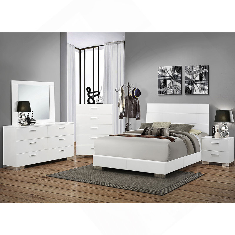 Ensemble de chambre avec grand lit 5 pièces blanc brillant, Cinq pièces : lit, table de chevet, commode, com