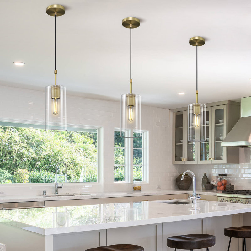 1 - Light Cylinder Glass Pendant For Kitchen Island (set Of 2), Brass