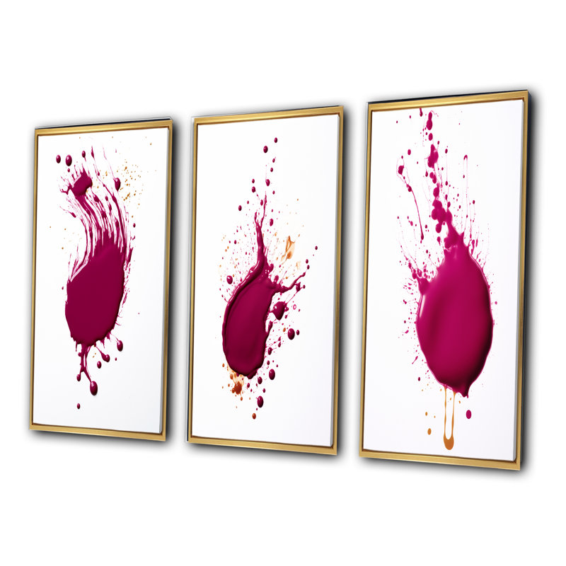 Viva Magenta Paint Splatter - Abstract Painting Art Set Of 3 Pieces, Encadrement doré, H 40 po x l 60 po