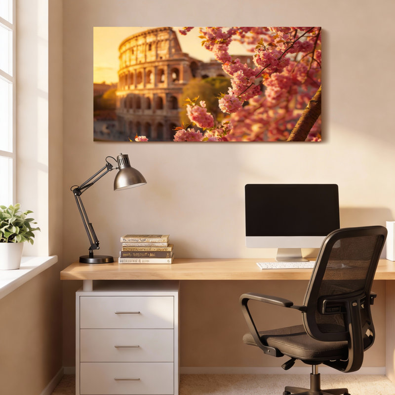 Ensemble de 1 tableau sur toile tendue représentant des cerisiers en fleurs et le Colisée de Rome, 3216