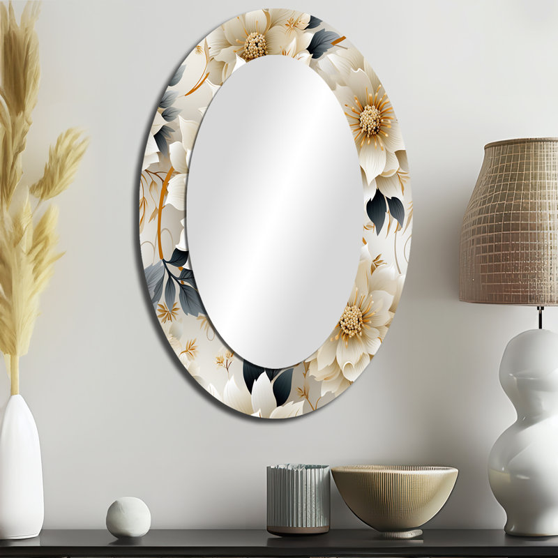 Mandalas blancs et dorés - Miroir mural traditionnel ovale, H 36 po x l 24 po