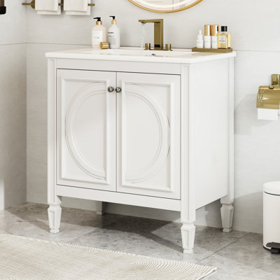 Meuble-lavabo blanc de 30 po avec lavabo, portes à fermeture douce, tablette réglable, lavabo en céramique, bois véritable et saveur, matériaux,