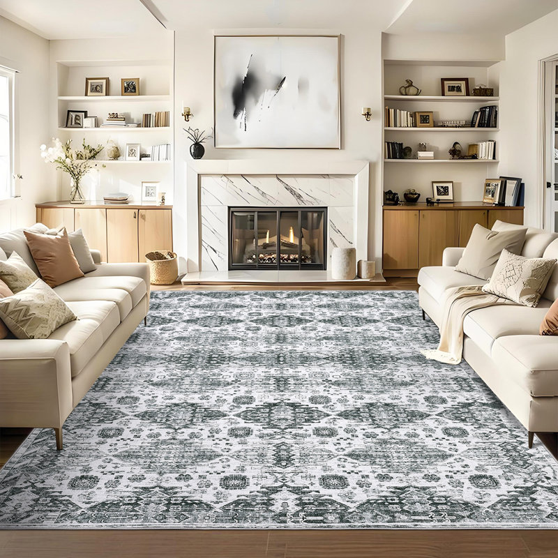 Vintage Floral Boho Washable Area Rug  Neutral  Low Pile, Non-Slip Carpet for Living Room, Bedroom, Dining Room, Nursery, Dorm, Kids Room