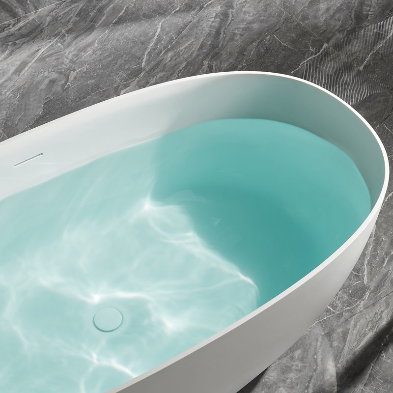 59'' Freestanding Tub Solid Surface Stone Resin Free Standing Soaking Bathtub with Overflow, Pop-up Drain, White
