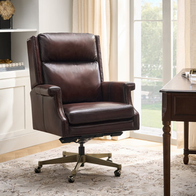 Heeg Transitional 46.5"H Genuine Leather Wingback Design 360° Swivel Tilting Lock Office Chair with Nailhead Trim
