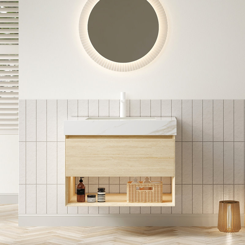 Meuble-lavabo de salle de bain 30 po avec lavabo en céramique incrusté, armoire de rangement en contreplaqué flottant, rangement de tiroir et de tablette, éclairage à DEL à détection automatique, surface en pierre frittée dorée, capteur