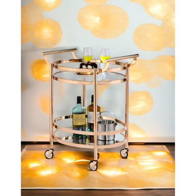 Clear Glass, Rose Gold, Oval Serving Cart, 2 Shelves, Tempered Glass Top Shelf, Mirror Base Metal Frame And Handles, Caster Wheels, Long - Lasting Structure, Plastic Floor Protection, Simple