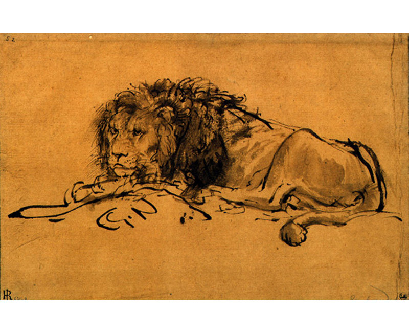 Un lion couché, H 26 po x l 40 po