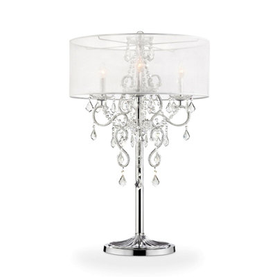Lampe de table haute 35 po, finition argentée et accents de cristal, abat-jour transparent