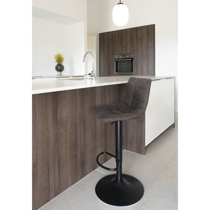 Neron Swivel Upholstered Adjustable Height Bar Stool with Steel Frame, Dark Grey