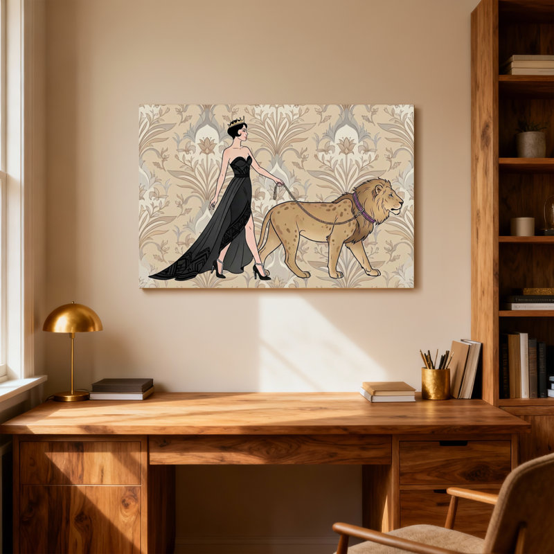 Animaux, femme élégante avec lion en laisse, H 24 po x l 36 po