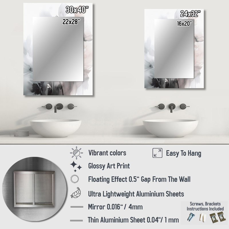 Soft Light Grey Flowers I - Floral Unique Wall Mirror, Traditional Mirror, Printed Metal Art, 40" x 30"