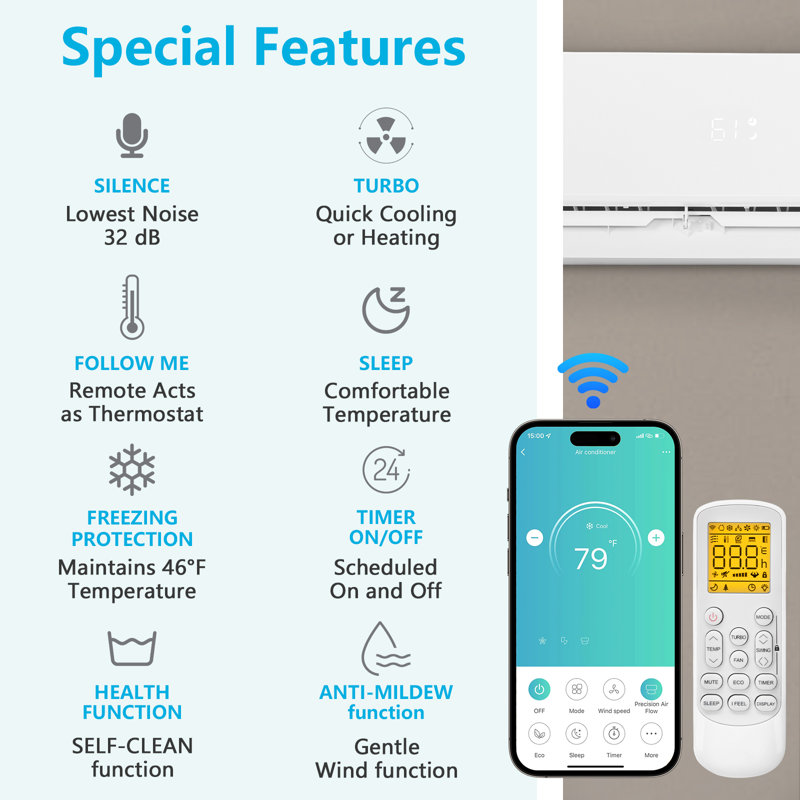 Winado 18000 BTU Wi-Fi Connected Ductless Mini Split Air Conditioner for 1250 Square Feet with Heater and Remote Included