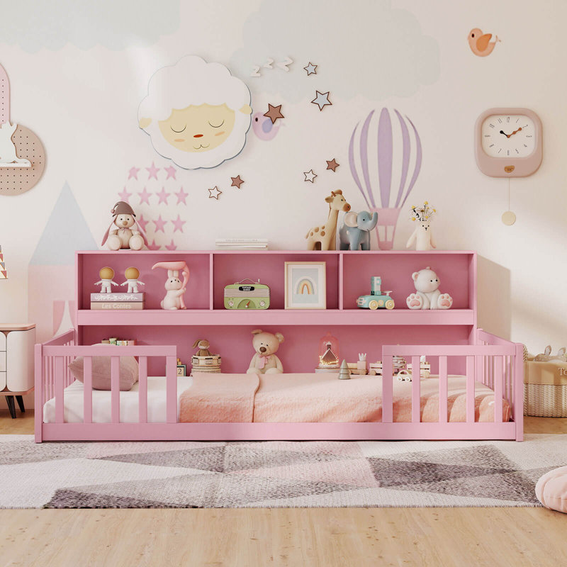 Lit simple Montessori avec tablettes de rangement et rails de sécurité rose, Lit simple, Rose