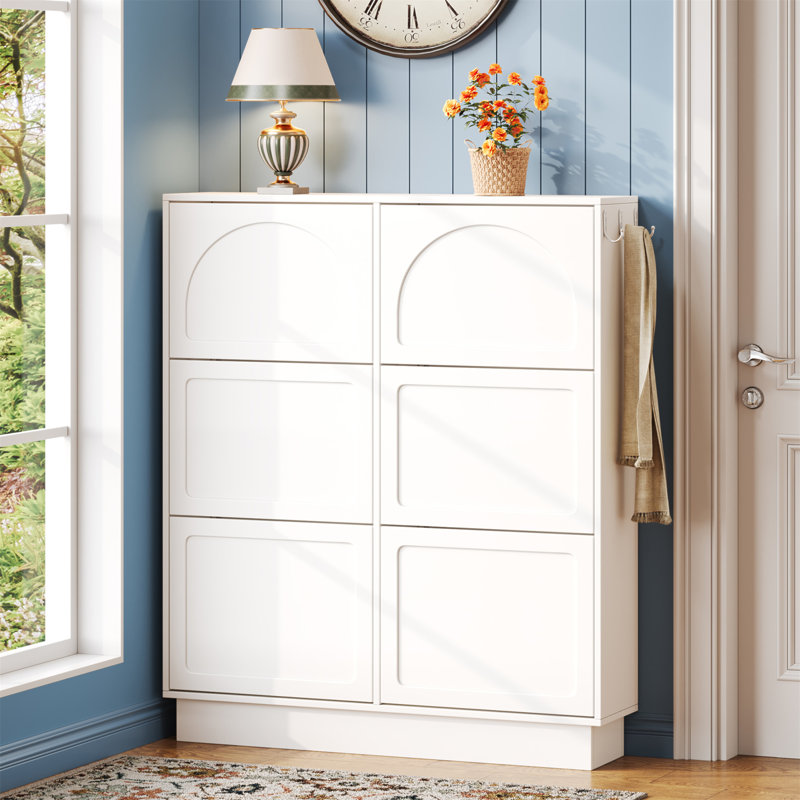 Modern Elegant Narrow Tipping Bucket Shoe Cabinet With 6 Flip Drawers, White