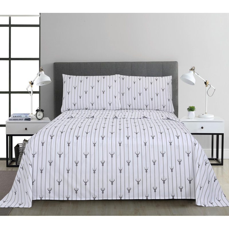Ensemble de draps en microfibre 4 pièces, Rayé gris / blanc, Ensemble de draps pour lit double avec 2 taies d'o